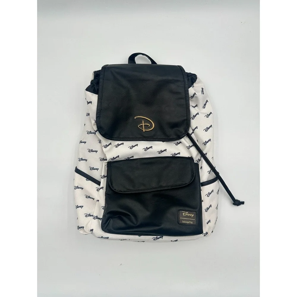 Disney Logo Slouch Backpack Women's‎ Black White Faux Leather Flap Drawstring